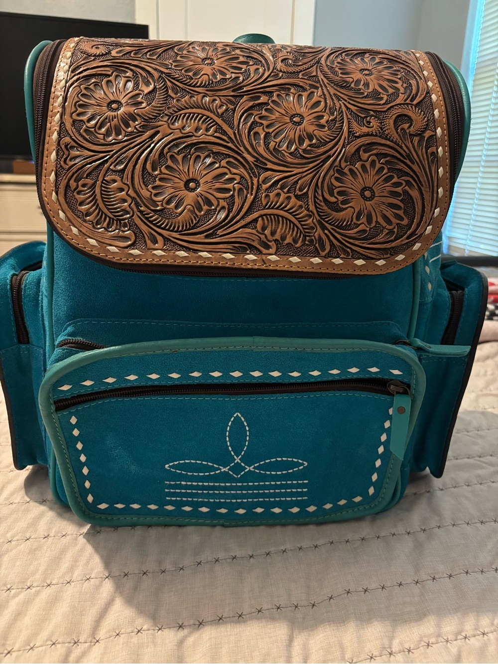 Teal Tooled Leather Flap Backpack - Unbranded